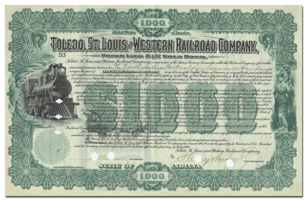 Toledo, St. Louis and Western Railroad Company Bond Certificate