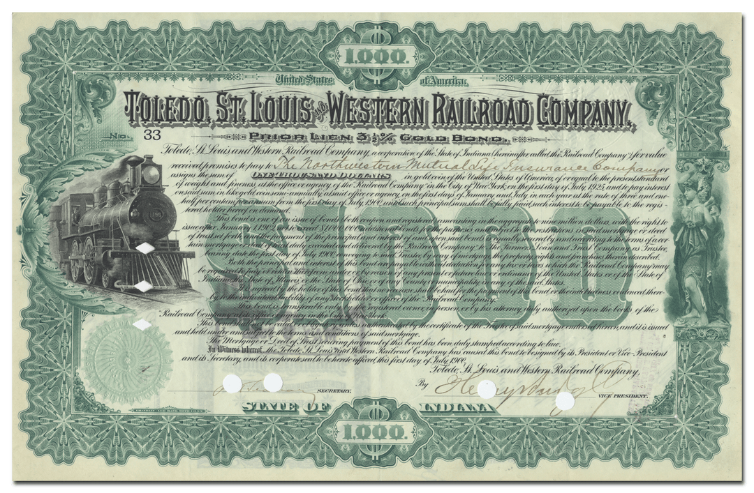 Toledo, St. Louis and Western Railroad Company Bond Certificate