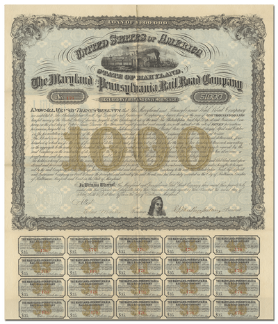 Maryland and Pennsylvania Rail Road Company Bond Certificate