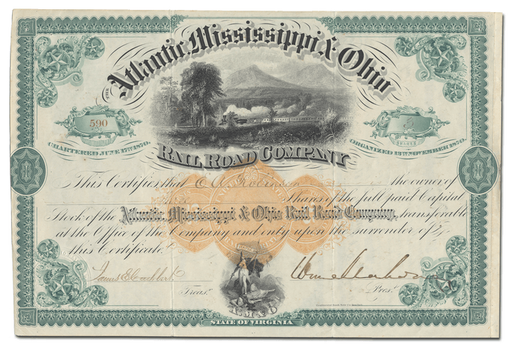 Atlantic, Mississippi & Ohio Rail Road Company Stock Certificate Signed by William Mahone