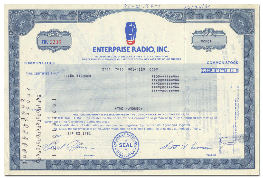 Enterprise Radio Stock Certificate