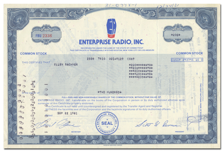 Enterprise Radio Stock Certificate