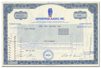 Enterprise Radio Stock Certificate
