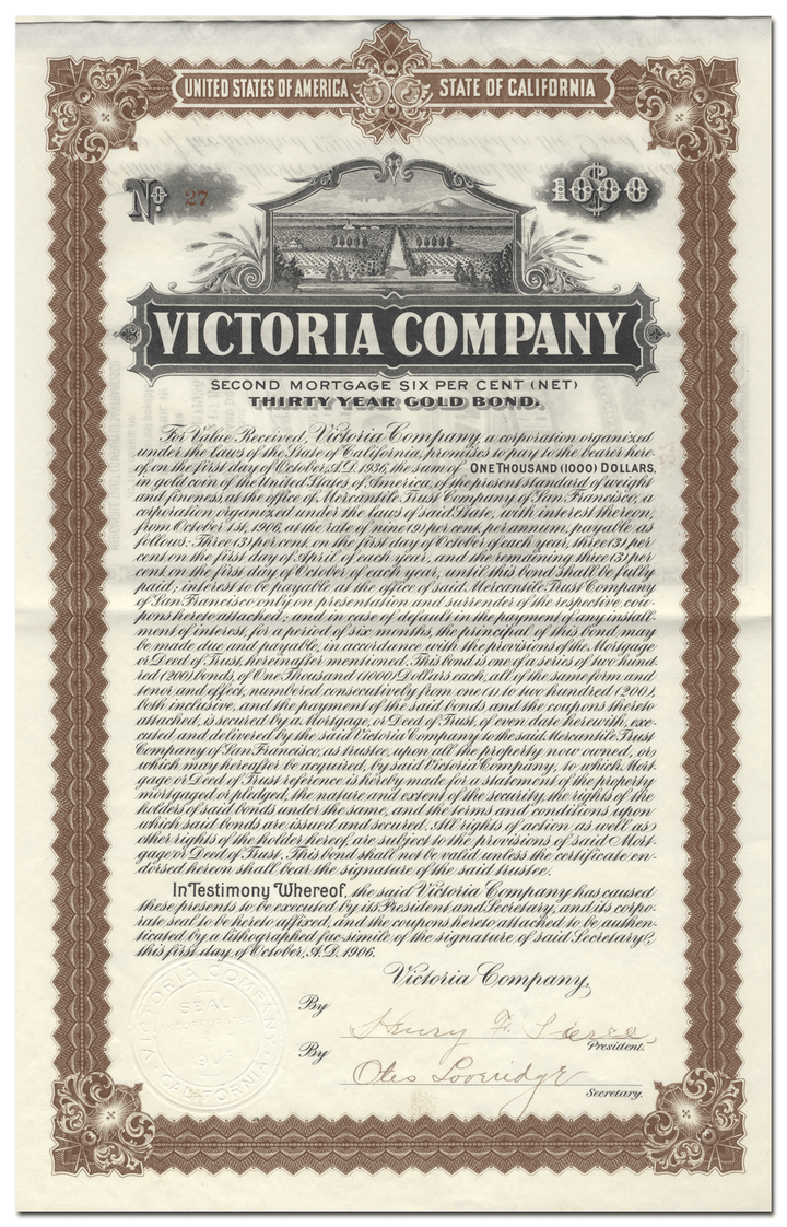 Victoria Company Bond Certificate