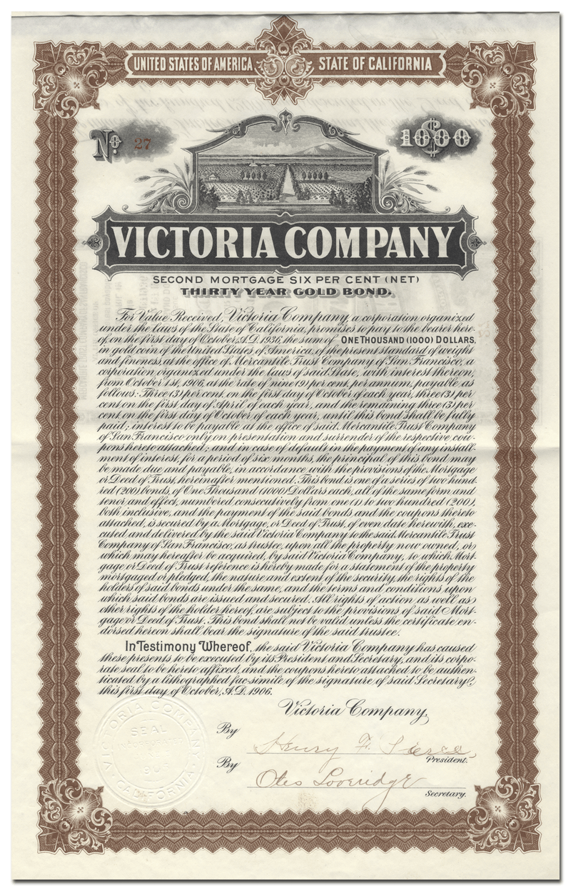 Victoria Company Bond Certificate