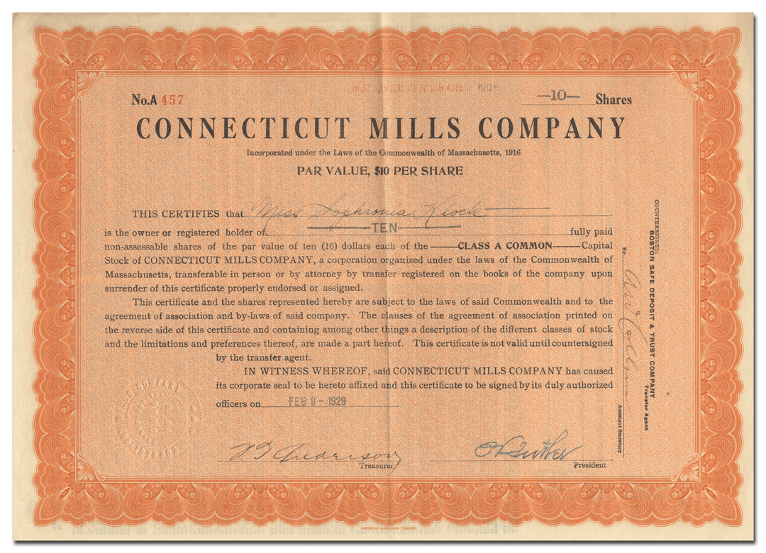 Connecticut Mills Company Stock Certificate