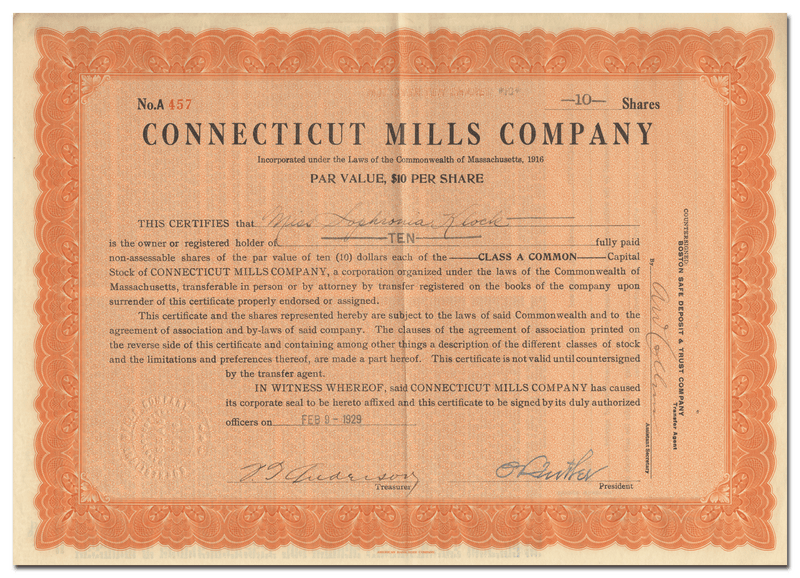 Connecticut Mills Company Stock Certificate