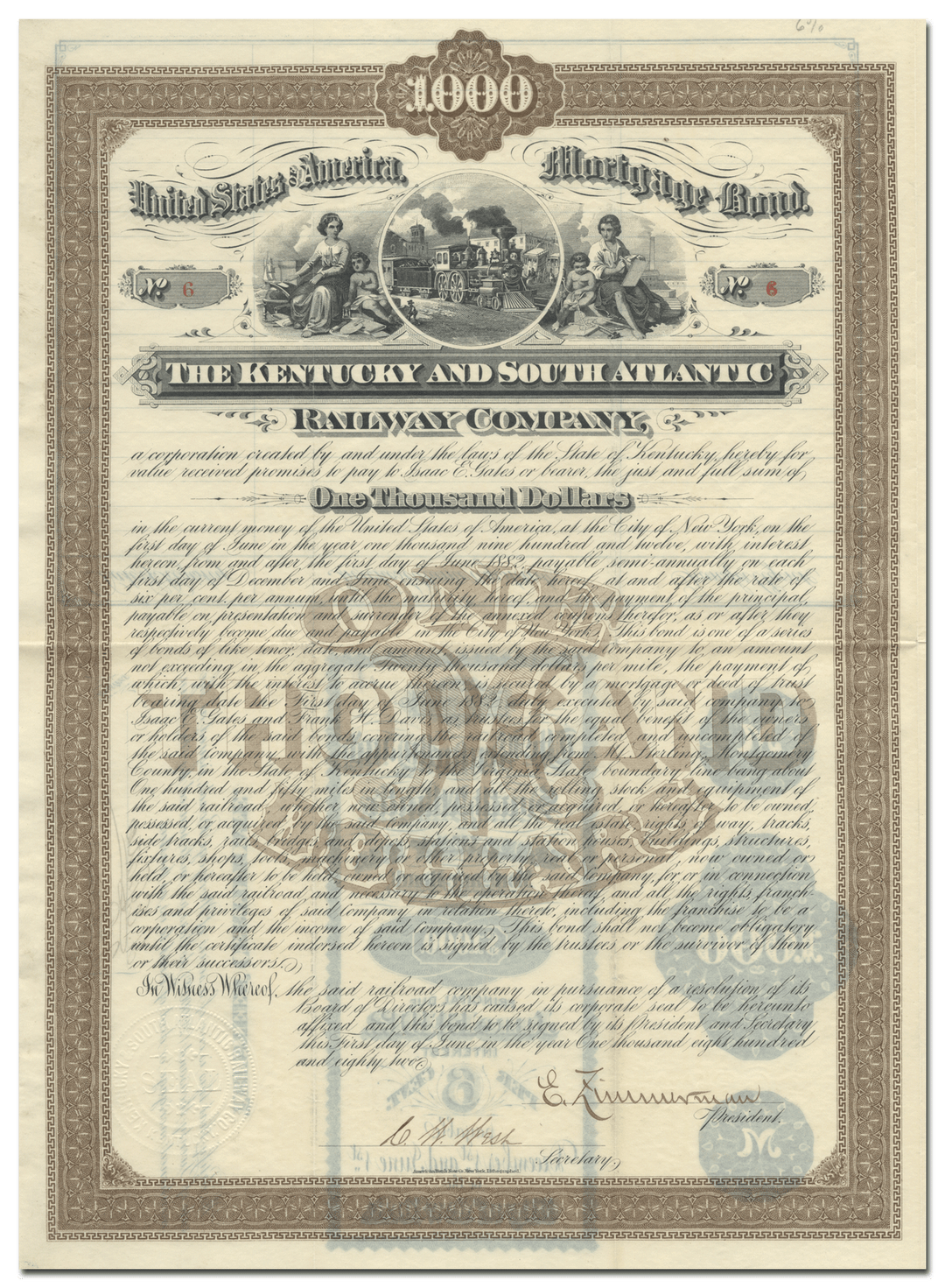 Kentucky and South Atlantic Railway Company Bond Certificate