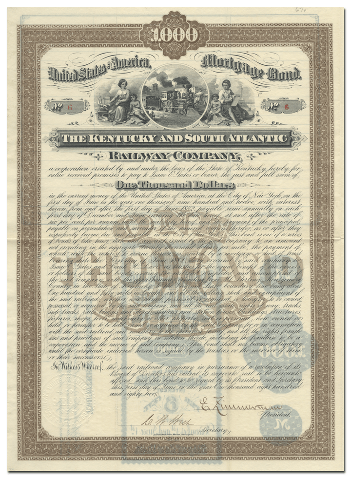 Kentucky and South Atlantic Railway Company Bond Certificate