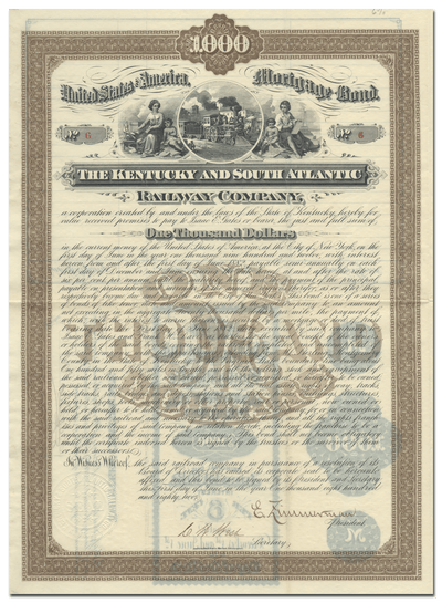 Kentucky and South Atlantic Railway Company Bond Certificate