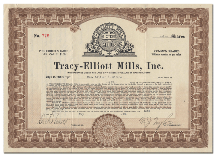 Tracy - Elliott Mills, Inc. Stock Certificate