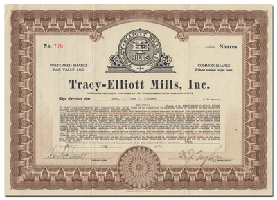 Tracy - Elliott Mills, Inc. Stock Certificate