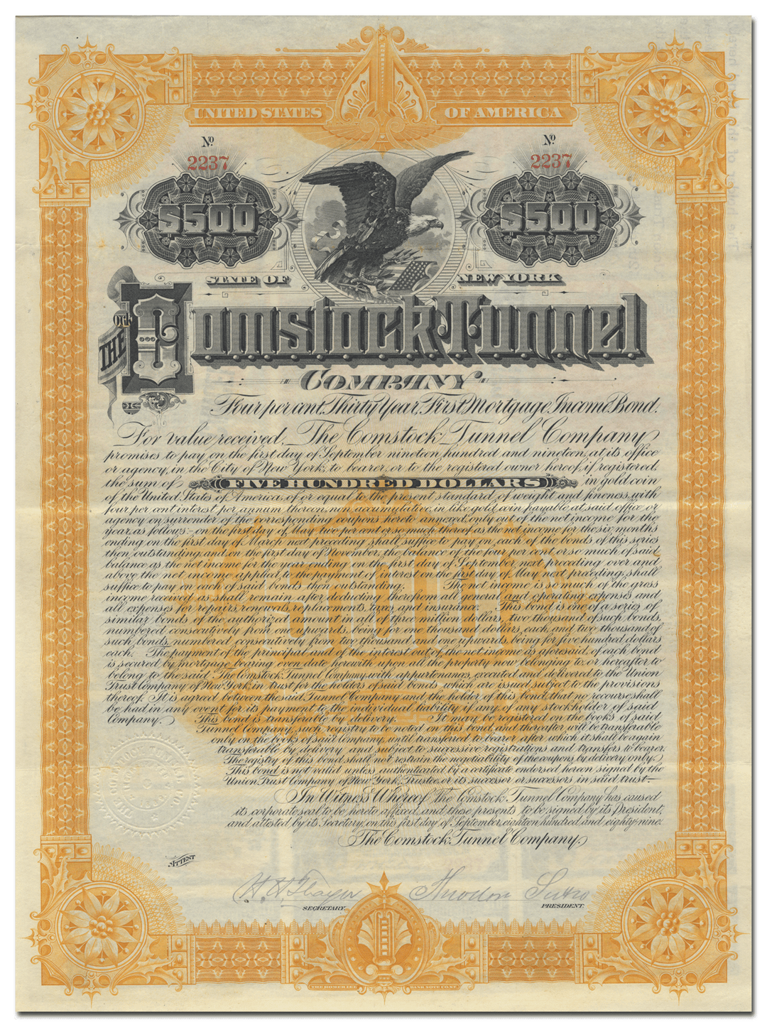 Comstock Tunnel Company Bond Certificate Signed by Theodore Sutro