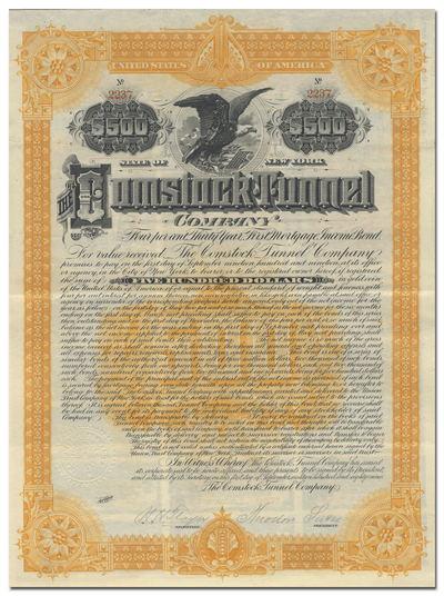 Comstock Tunnel Company Bond Certificate Signed by Theodore Sutro