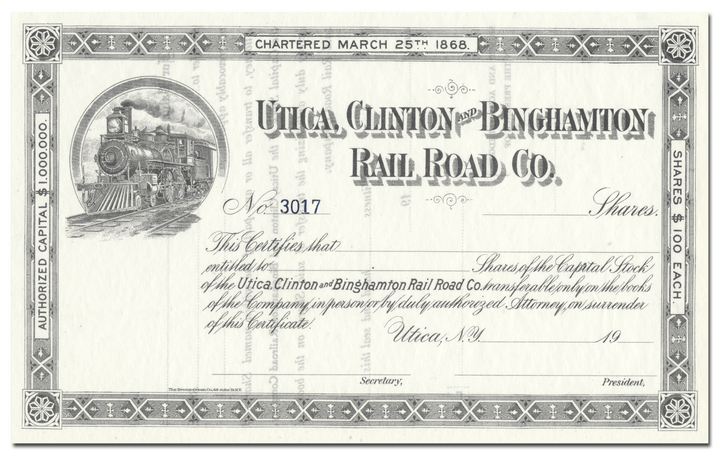 Utica, Clinton and Binghamton Rail Road Co. Stock Certificate