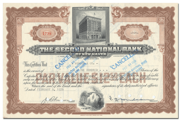 Second National Bank of New Haven Stock Certificate