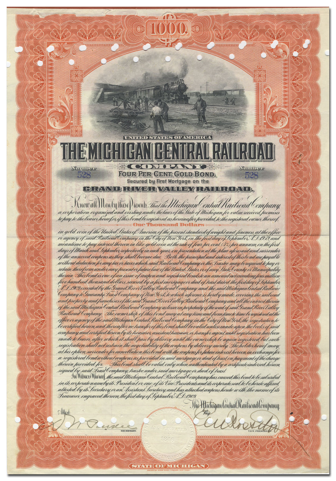 Michigan Central Railroad Company Bond Certificate