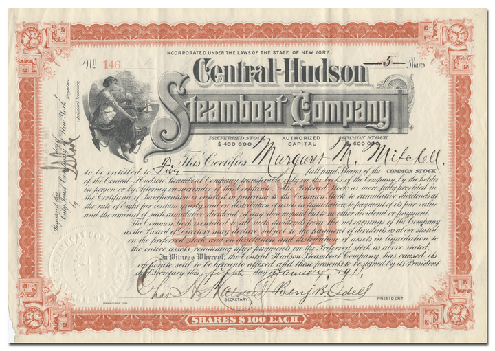 Central Hudson Steamboat Company Stock Certificate