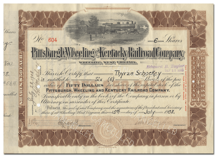 Pittsburgh, Wheeling and Kentucky Railroad Company Stock Certificate