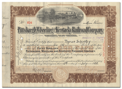 Pittsburgh, Wheeling and Kentucky Railroad Company Stock Certificate