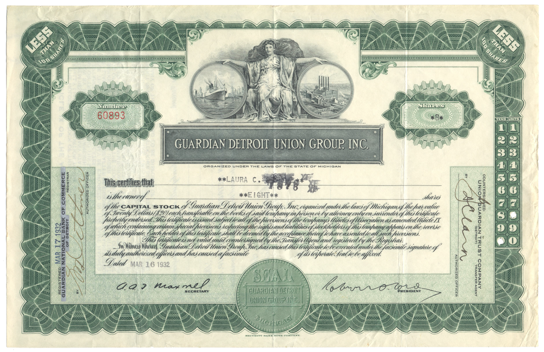 Guardian Detroit Union Group, Inc. Stock Certificate