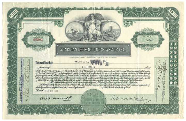 Guardian Detroit Union Group, Inc. Stock Certificate