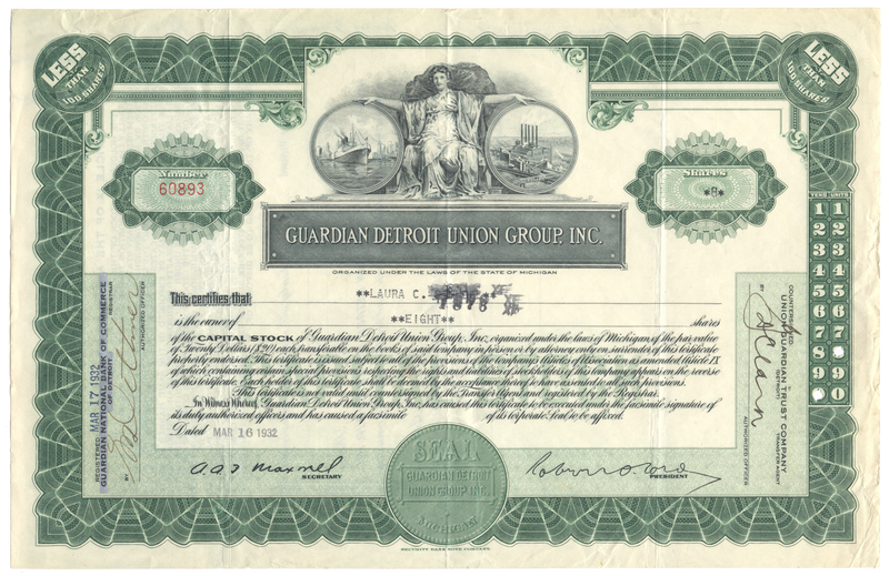 Guardian Detroit Union Group, Inc. Stock Certificate