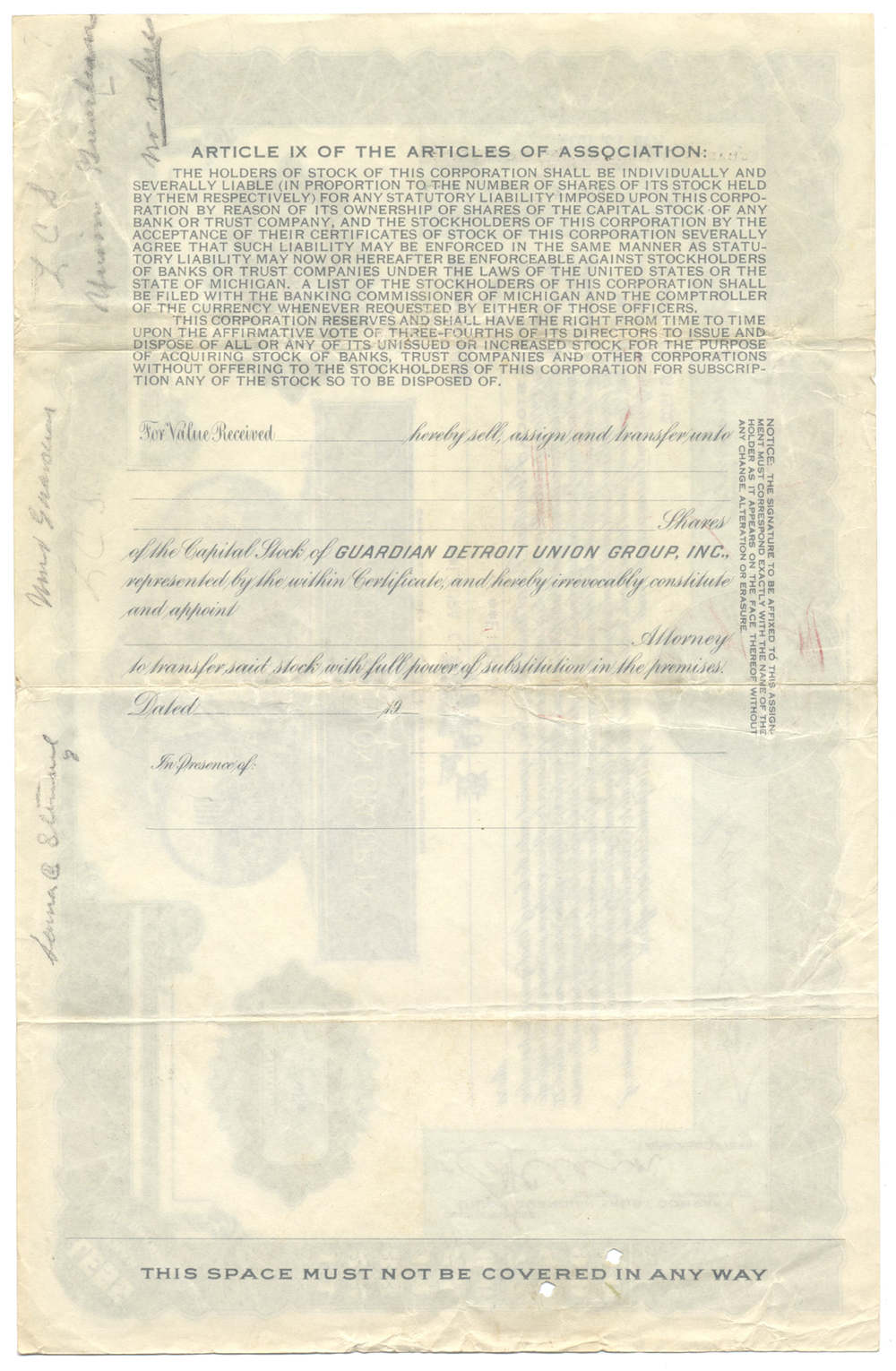 Guardian Detroit Union Group, Inc. Stock Certificate