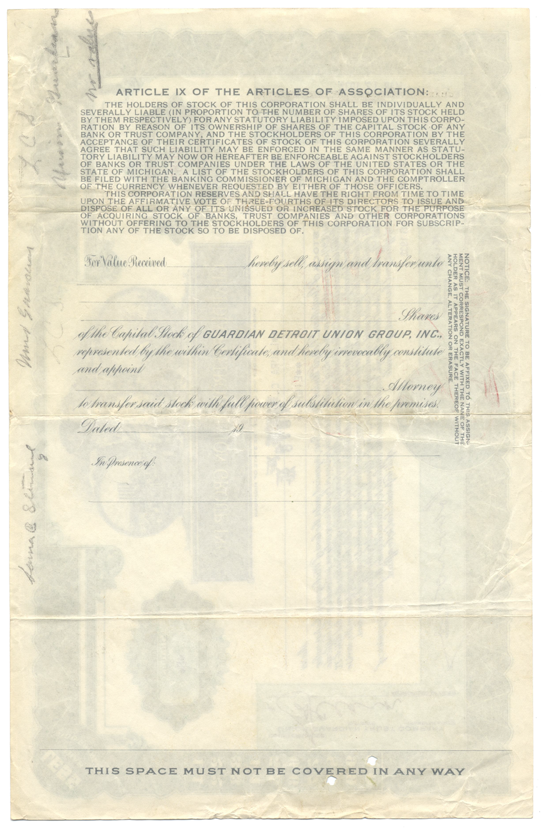 Guardian Detroit Union Group, Inc. Stock Certificate