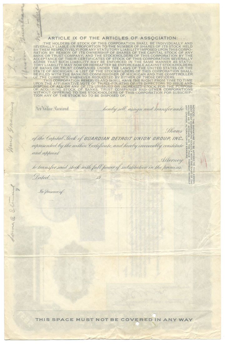 Guardian Detroit Union Group, Inc. Stock Certificate