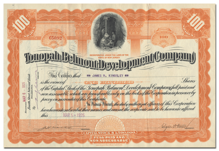 Tonopah Belmont Development Company Stock Certificate