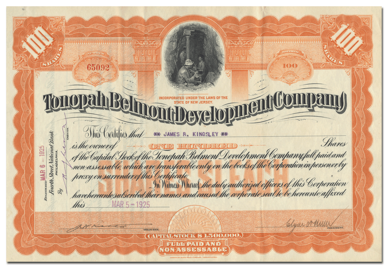 Tonopah Belmont Development Company Stock Certificate