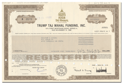 Trump Taj Mahal Funding, Inc. Bond Certificate