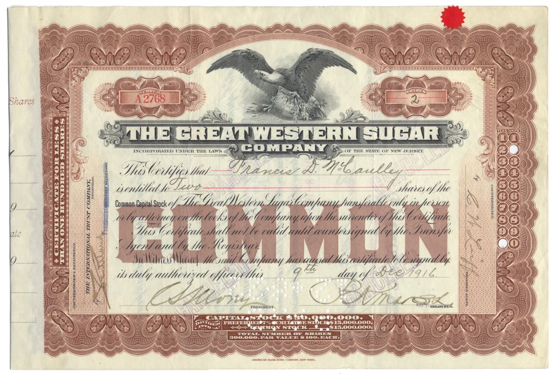 Great Western Sugar Company Stock Certificate