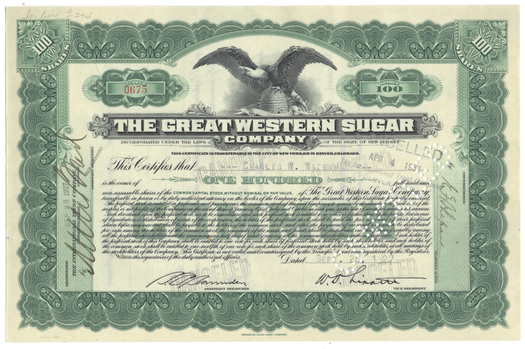 Great Western Sugar Company Stock Certificate