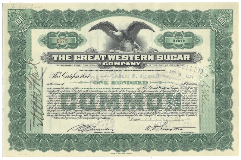 Great Western Sugar Company Stock Certificate