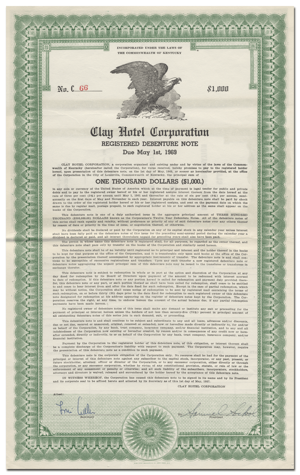 Clay Hotel Corporation Bond Certificate