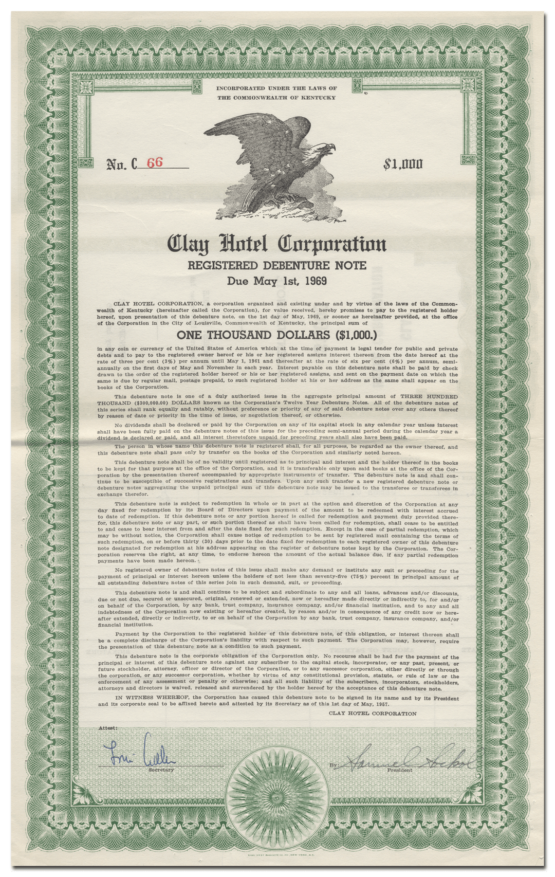 Clay Hotel Corporation Bond Certificate