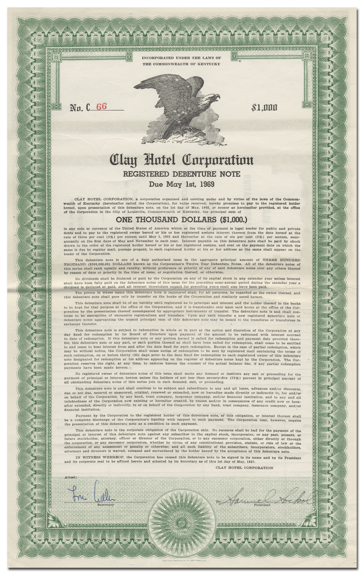 Clay Hotel Corporation Bond Certificate