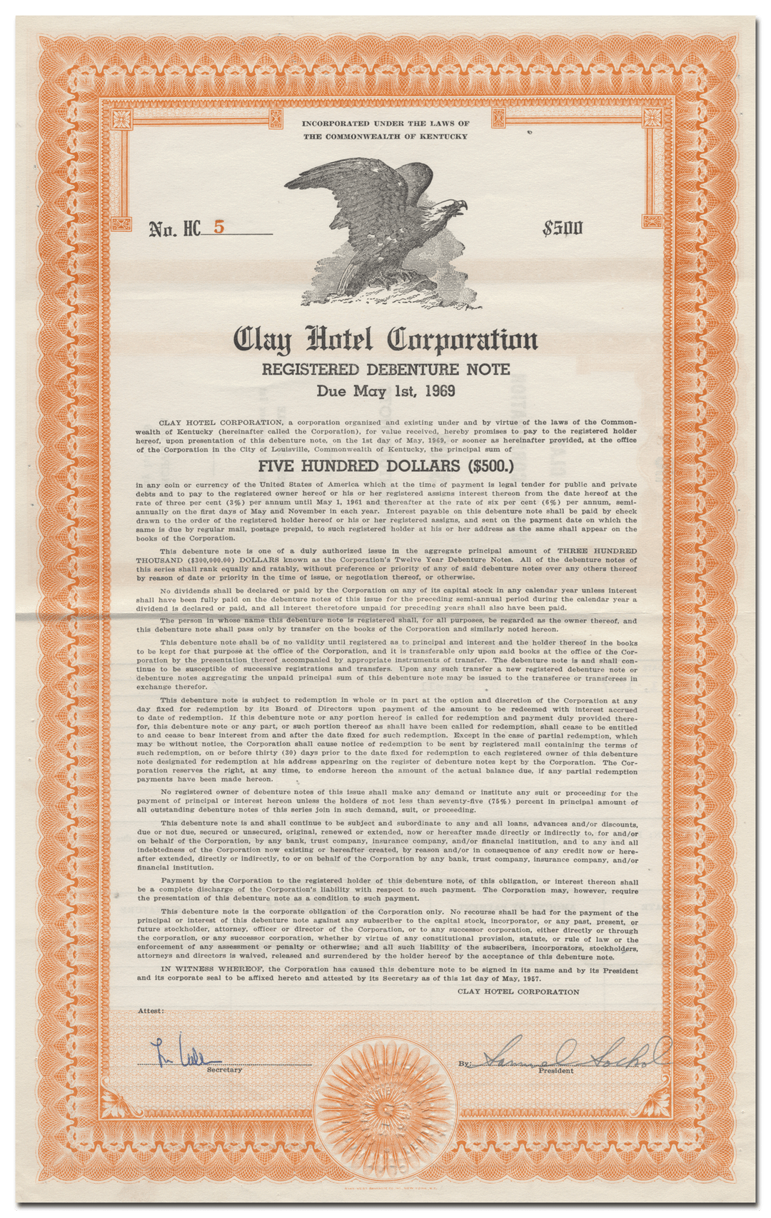 Clay Hotel Corporation Bond Certificate