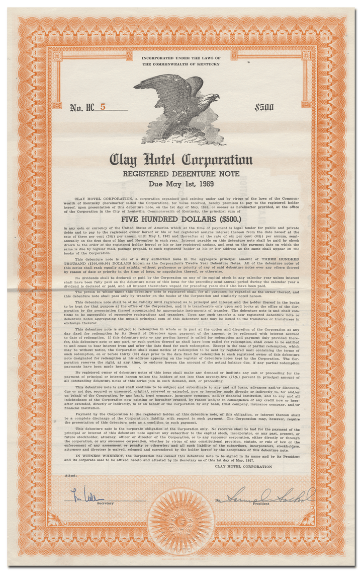 Clay Hotel Corporation Bond Certificate