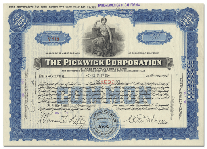 Pickwick Corporation Stock Certificate