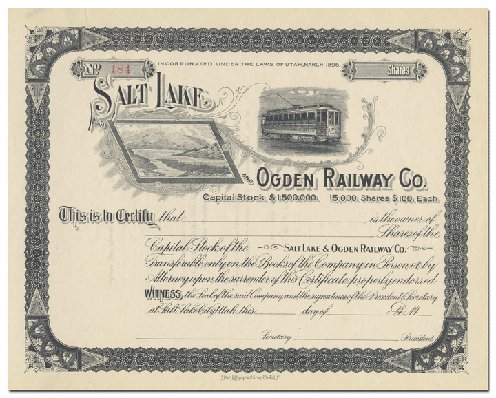 Salt Lake and Ogden Railway Co. Stock Certificate