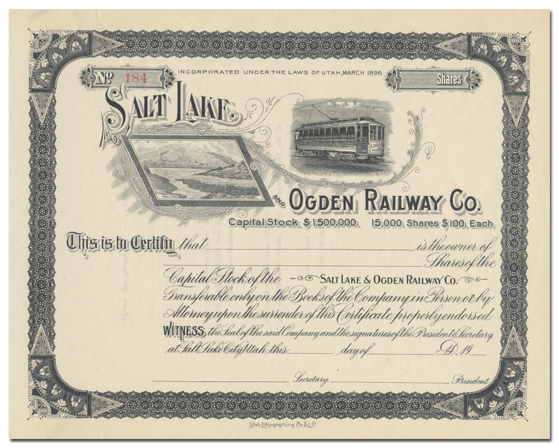 Salt Lake and Ogden Railway Co. Stock Certificate