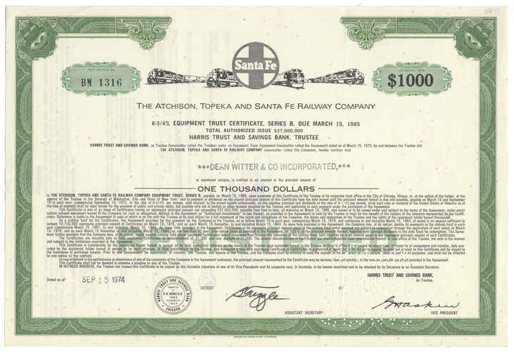 Atchison, Topeka and Santa Fe Railway Company Bond Certificate