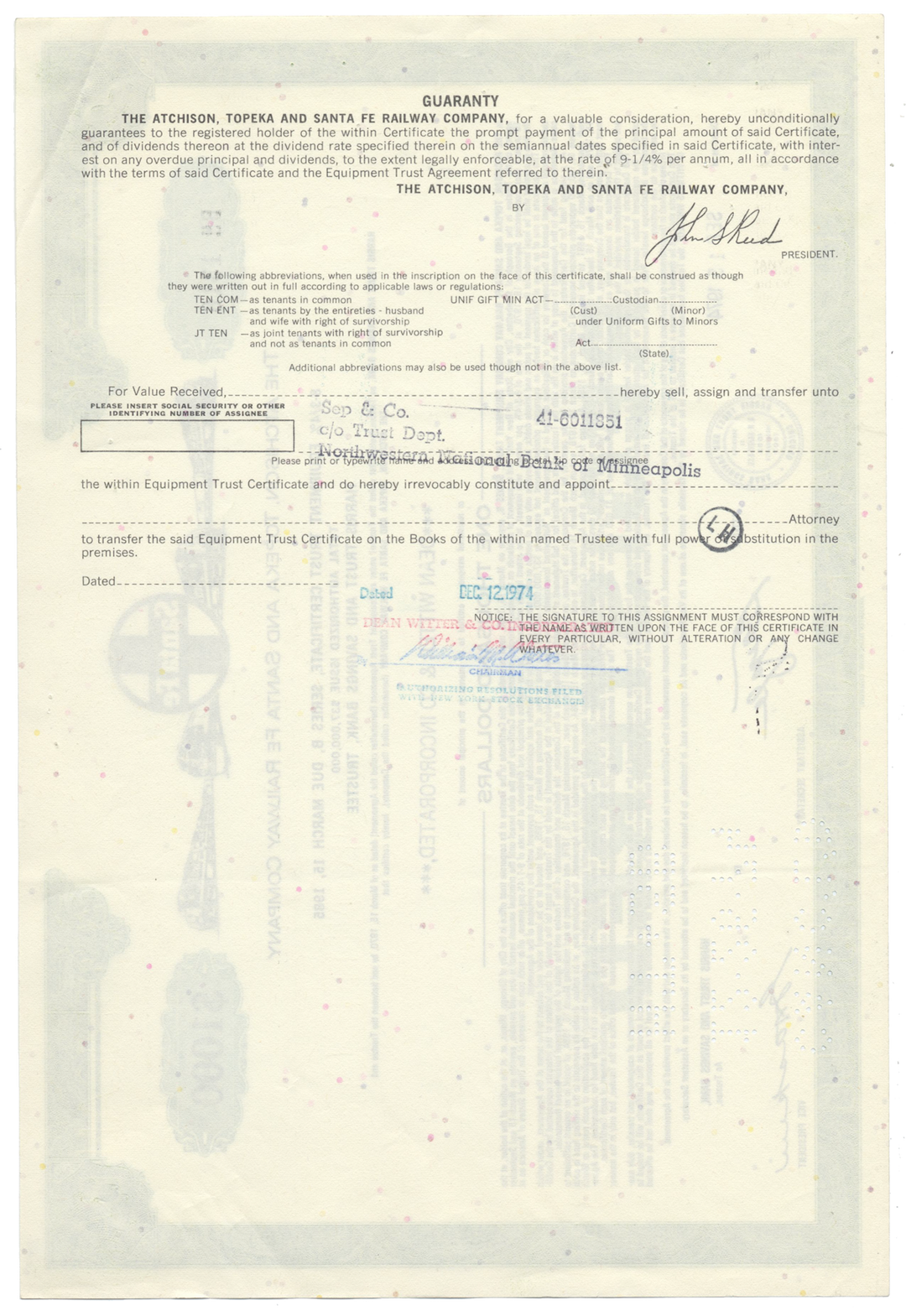 Atchison, Topeka and Santa Fe Railway Company Bond Certificate