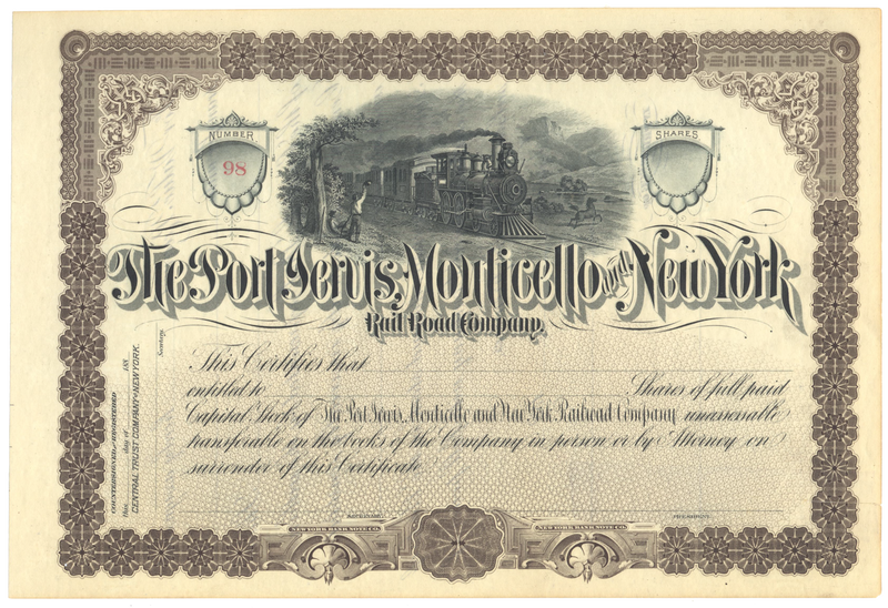 Port Jervis, Monticello and New York Rail Road Company Stock Certificate