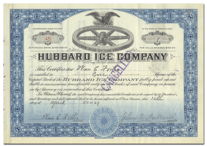 Hubbard Ice Company Stock Certificate