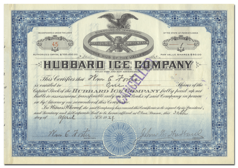 Hubbard Ice Company Stock Certificate