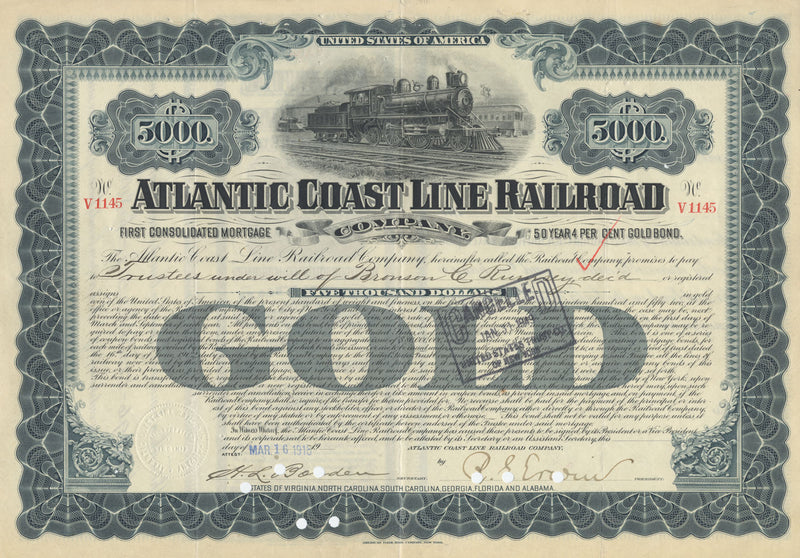 Atlantic Coast Line Railroad Company Bond Certificate